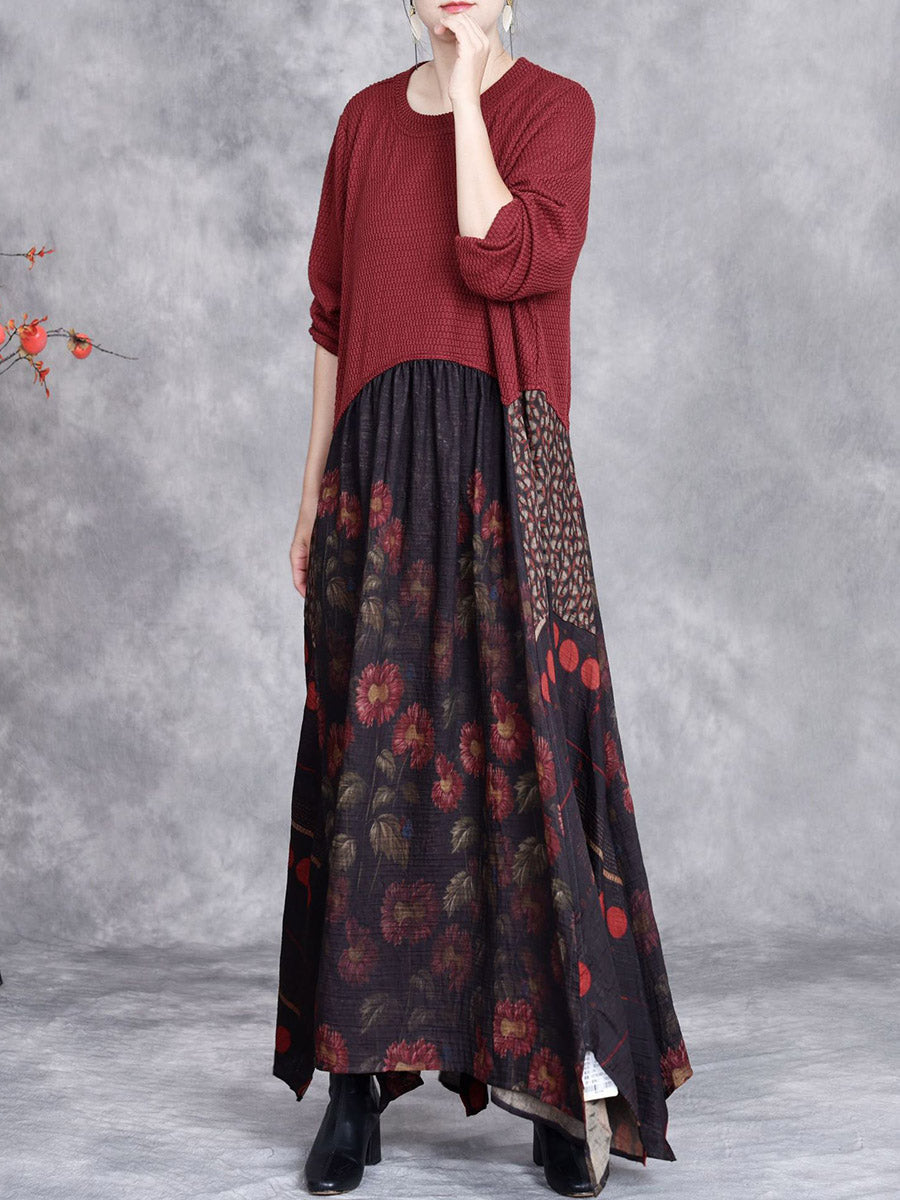 Women Autumn Flower Spliced O-Neck Loose Dress