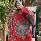 Women Ethnic Red Flower Slant Closure Cotton Padded Coat