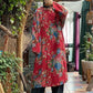 Women Ethnic Red Flower Slant Closure Cotton Padded Coat