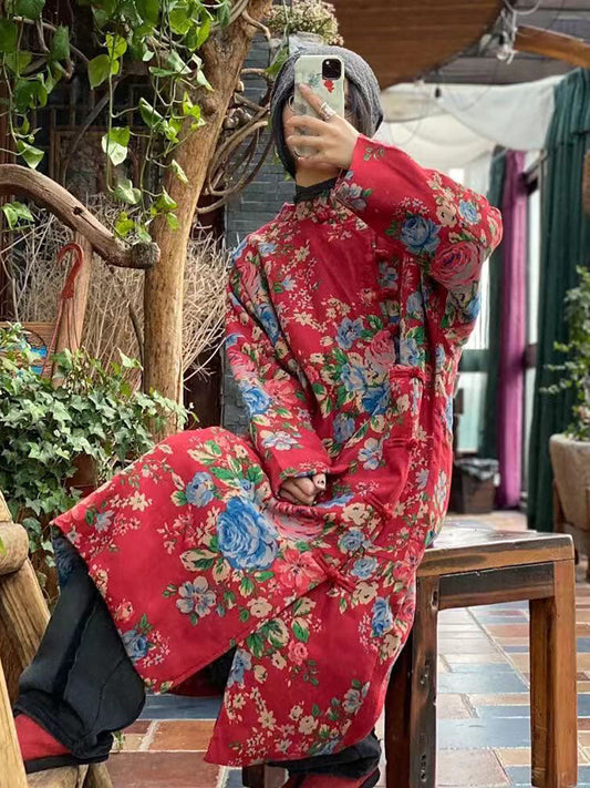 Women Ethnic Red Flower Slant Closure Cotton Padded Coat