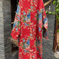 Women Ethnic Red Flower Slant Closure Cotton Padded Coat