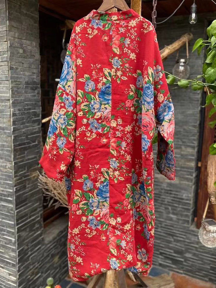 Women Ethnic Red Flower Slant Closure Cotton Padded Coat