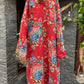 Women Ethnic Red Flower Slant Closure Cotton Padded Coat