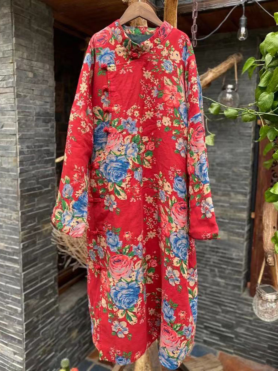 Women Ethnic Red Flower Slant Closure Cotton Padded Coat