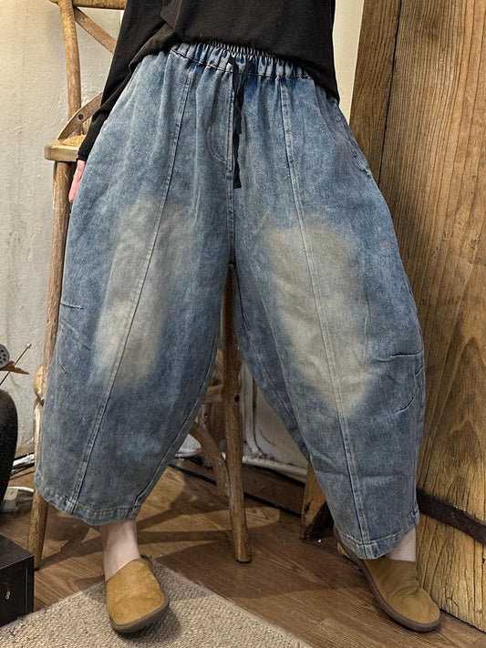 Women Casual Pockets Spliced Washed Denim Harem Pants