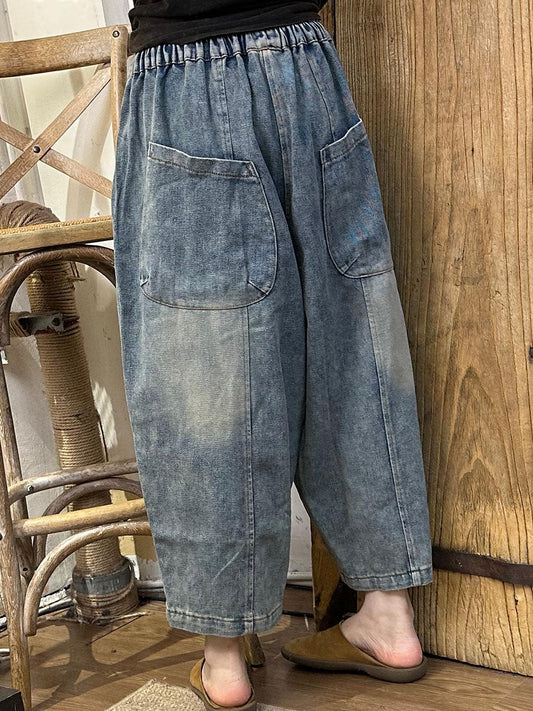 Women Casual Pockets Spliced Washed Denim Harem Pants