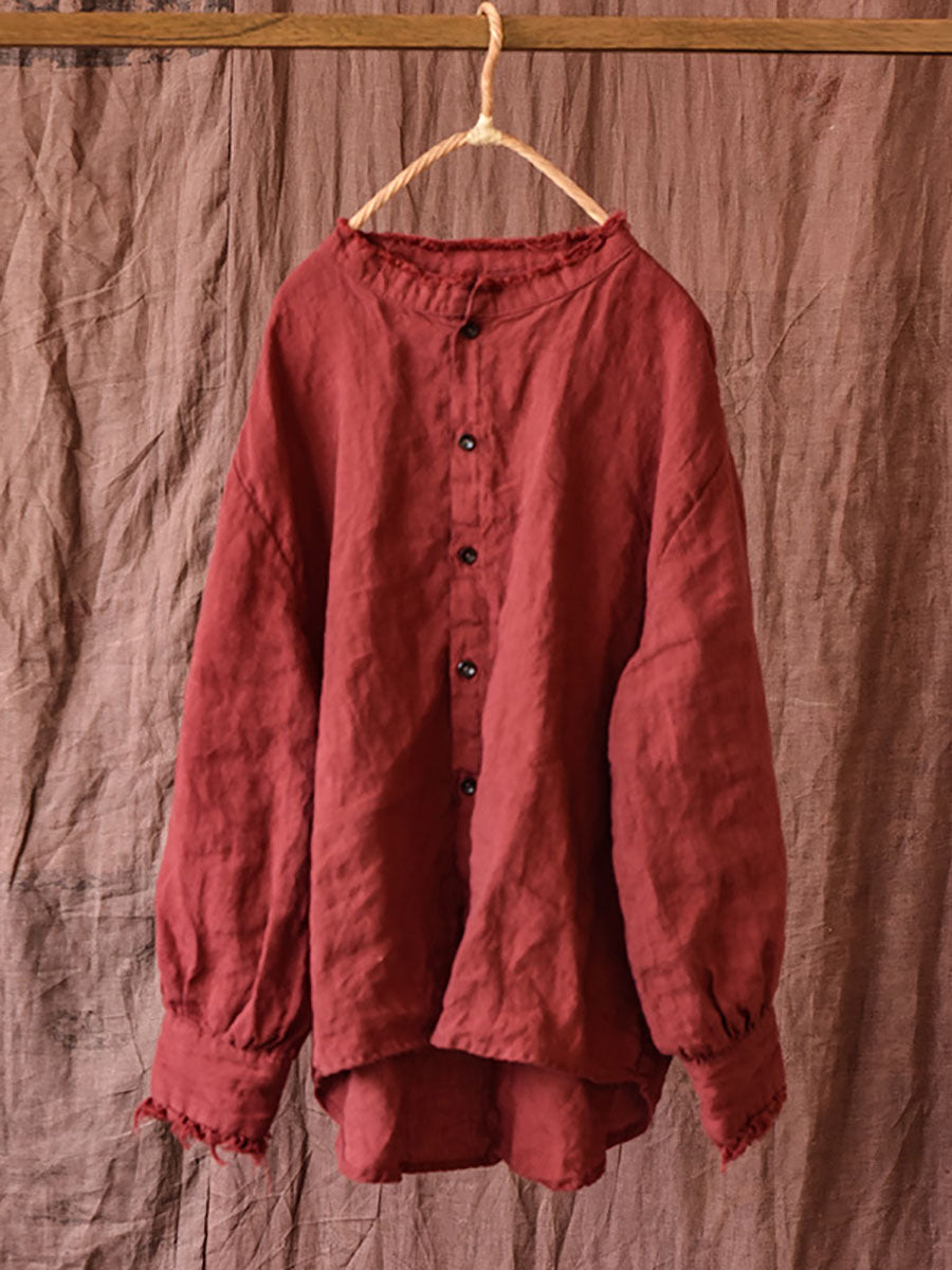 Women Autumn Vintage Button Raw-edge Linen Blouse