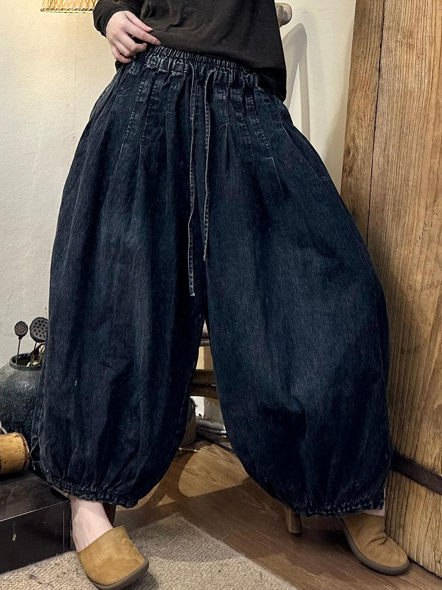 Women Autumn Vintage Solid Strap Loose Denim Bloomers