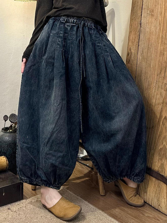 Women Autumn Vintage Solid Strap Loose Denim Bloomers