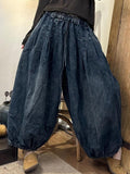 Women Autumn Vintage Solid Strap Loose Denim Bloomers