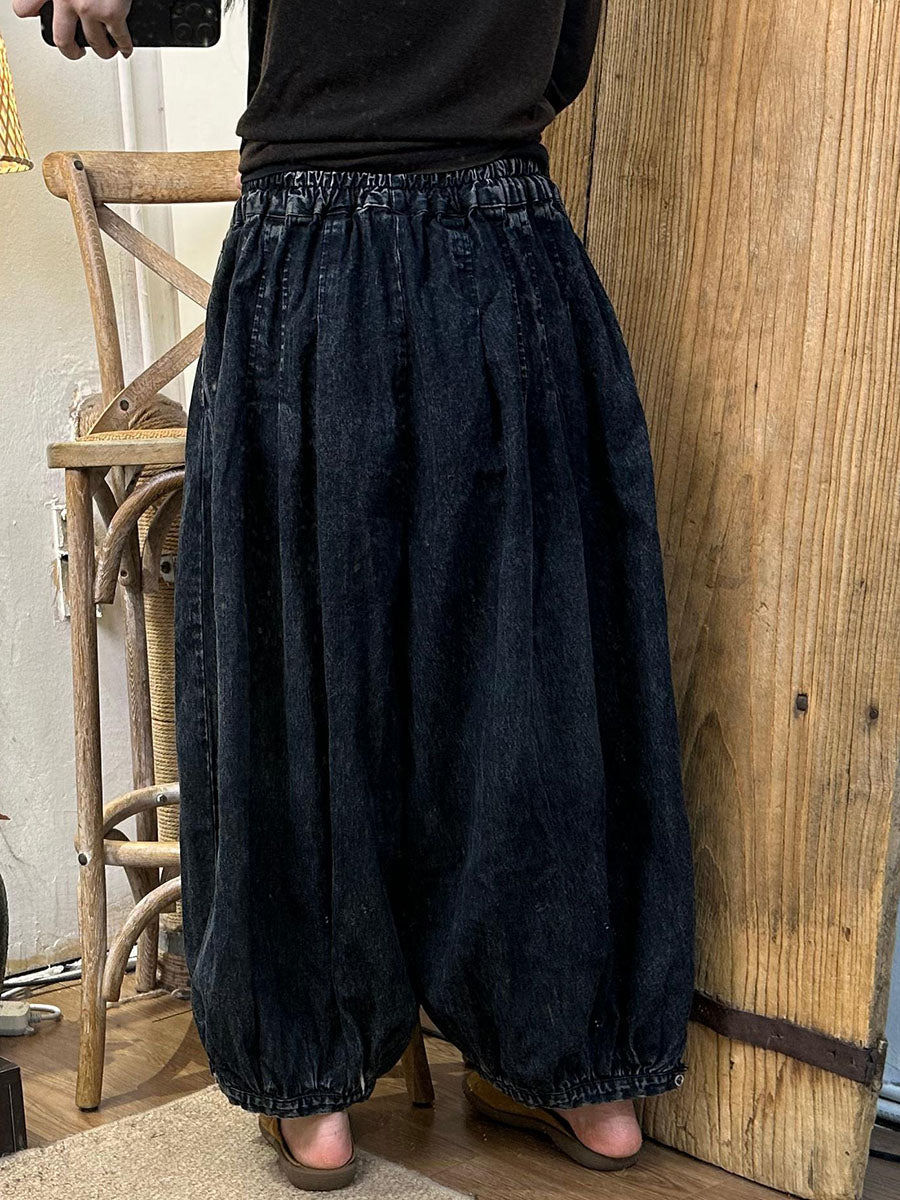 Women Autumn Vintage Solid Strap Loose Denim Bloomers