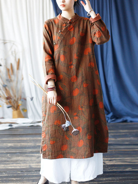 Women Ethnic Autumn Apple Print Cotton Robe Dress