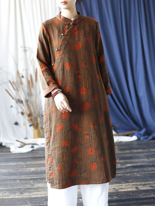 Women Ethnic Autumn Apple Print Cotton Robe Dress