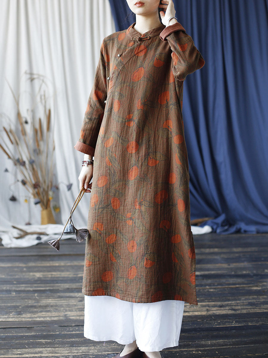 Women Ethnic Autumn Apple Print Cotton Robe Dress