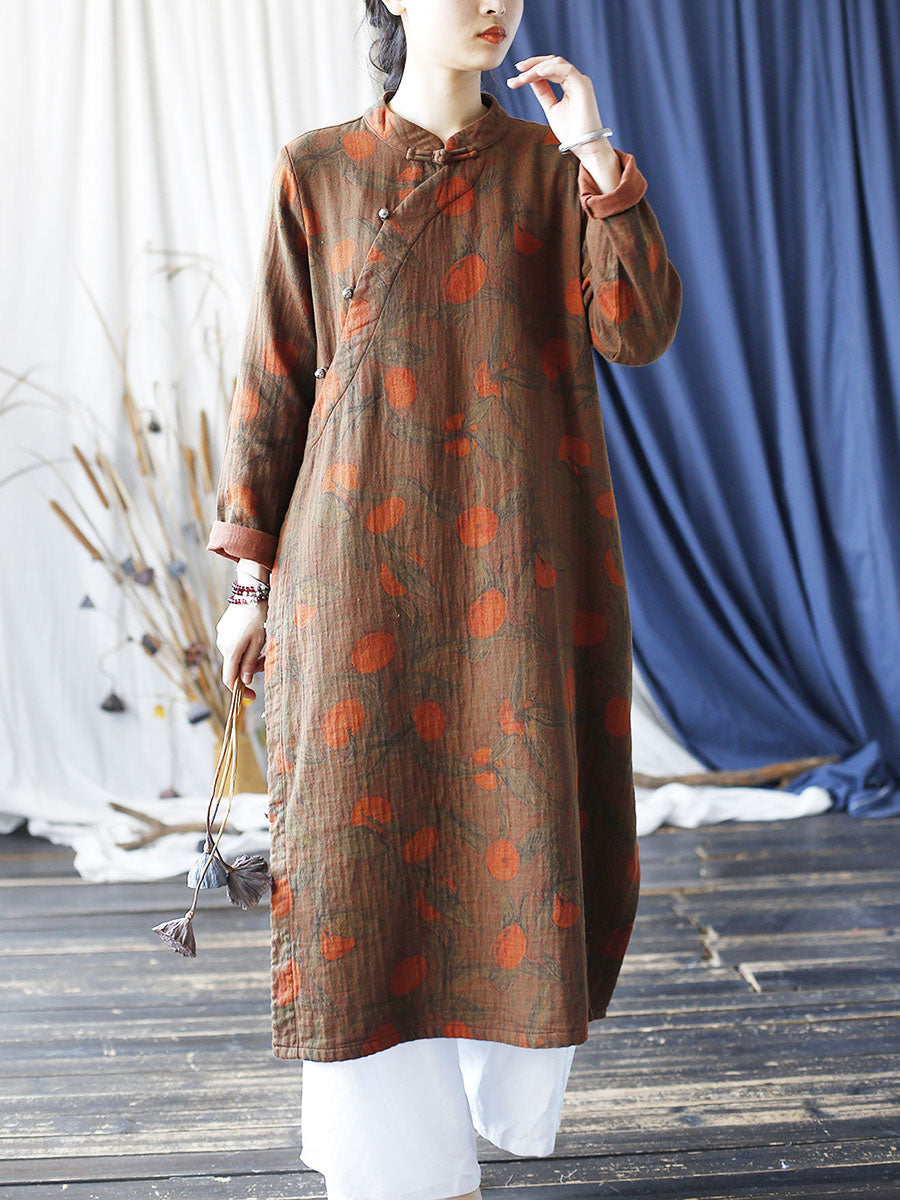 Women Ethnic Autumn Apple Print Cotton Robe Dress