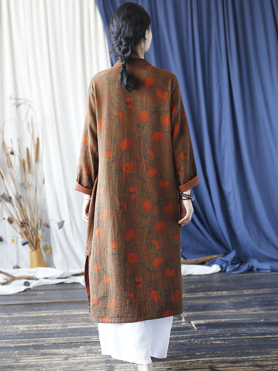 Women Ethnic Autumn Apple Print Cotton Robe Dress