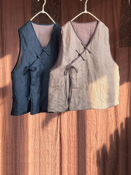 Women Autumn Ethnic Solid Strap V-Neck Linen Vest