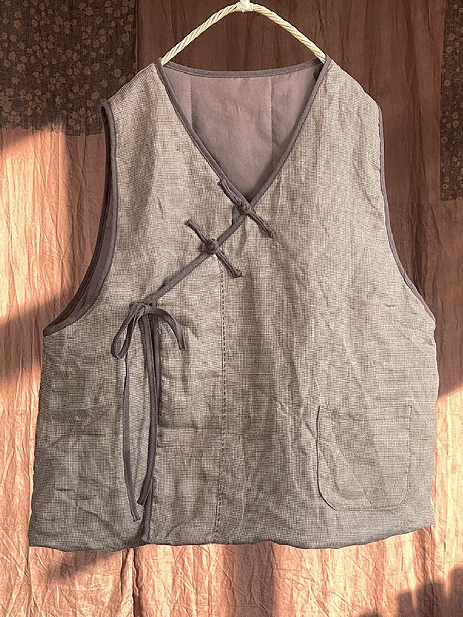 Women Autumn Ethnic Solid Strap V-Neck Linen Vest