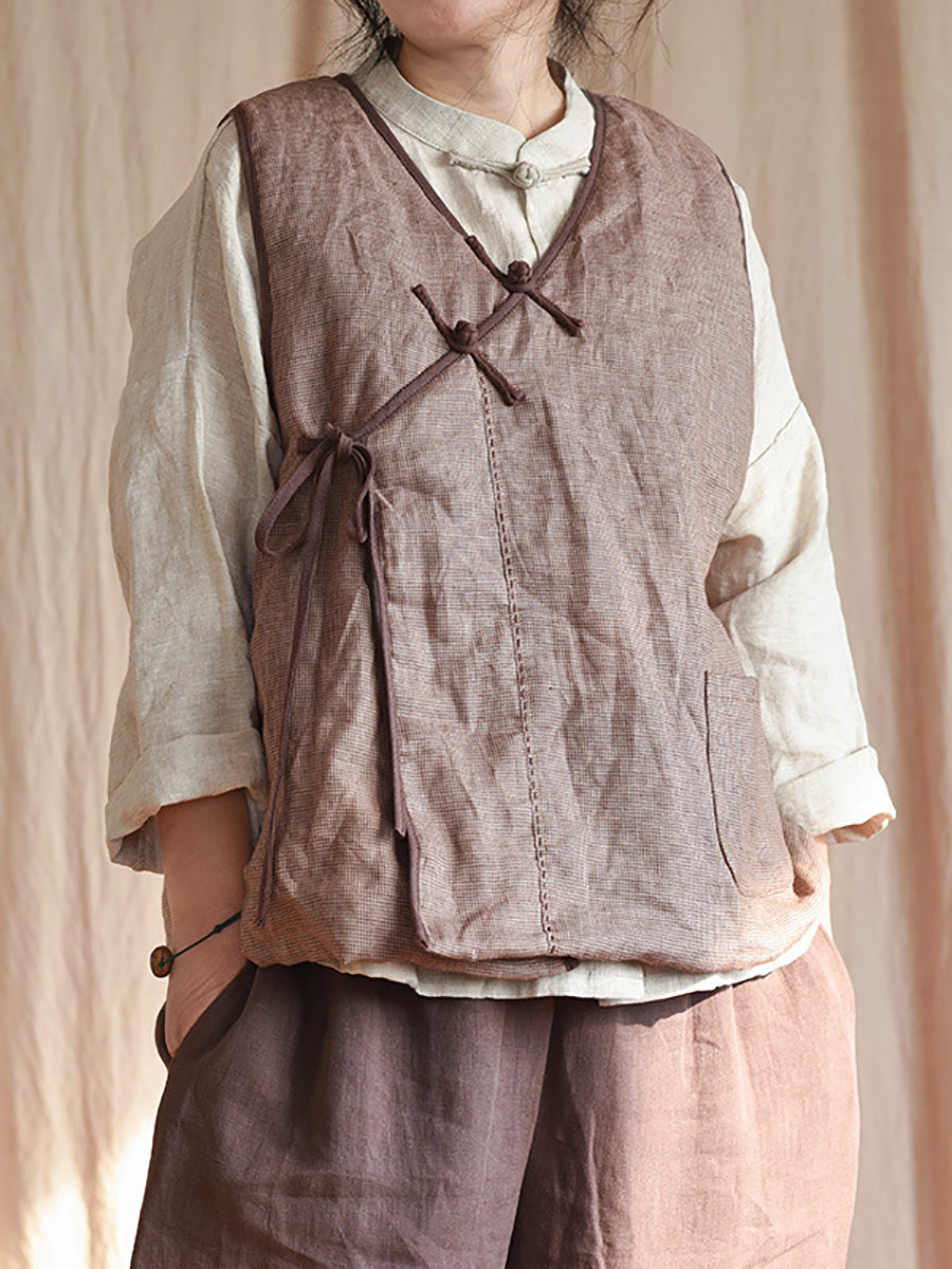 Women Autumn Ethnic Solid Strap V-Neck Linen Vest