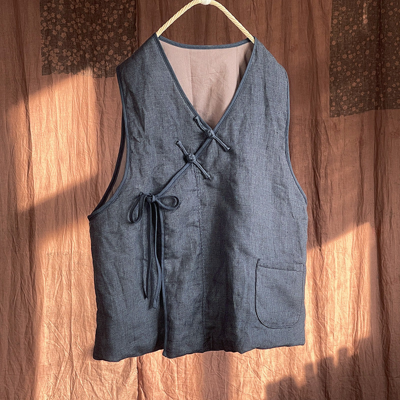 Women Autumn Ethnic Solid Strap V-Neck Linen Vest