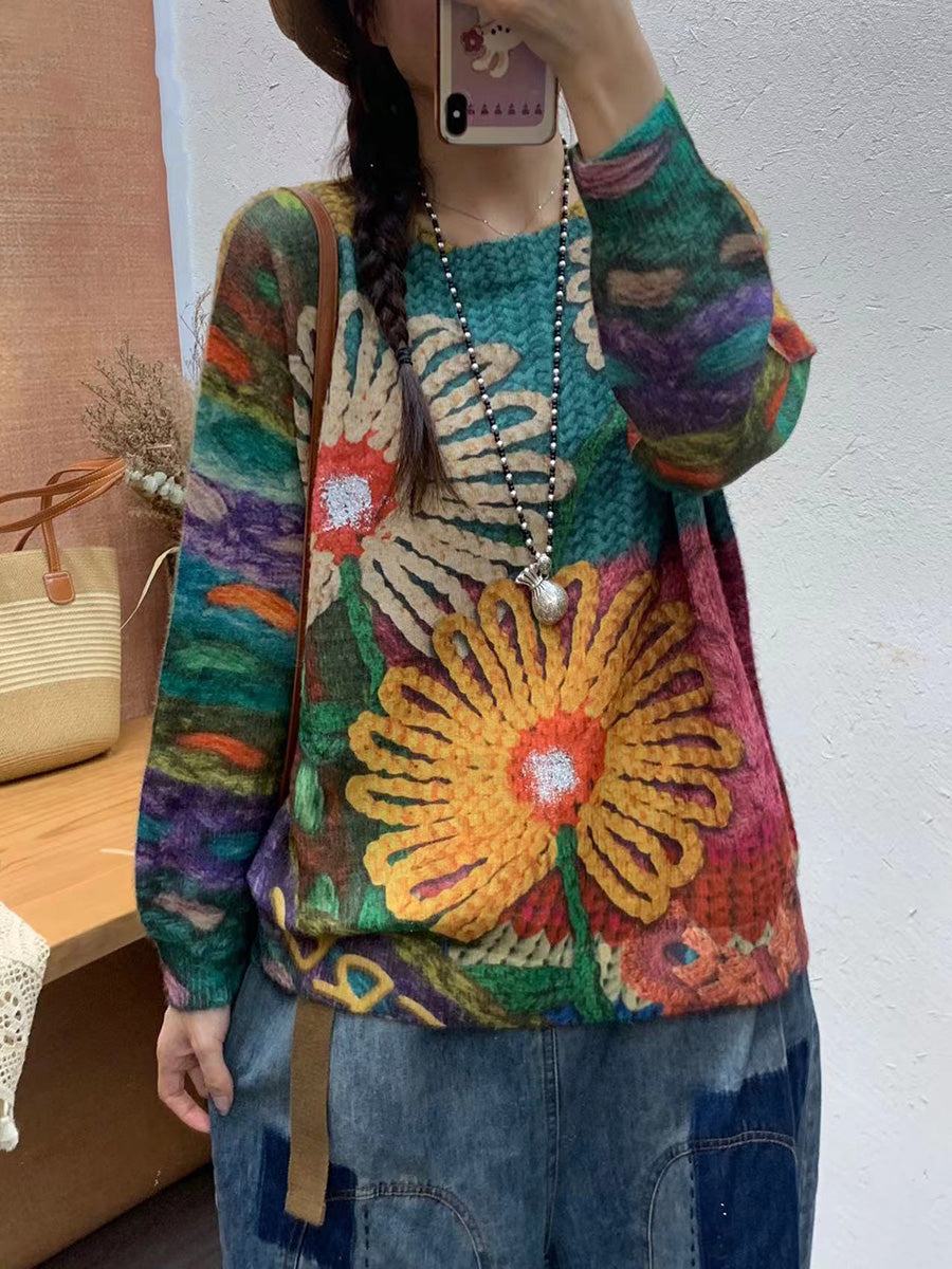 Women Autumn Artsy Flower O-Neck Knit Sweater