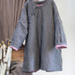 Women Autumn Ethnic Plaid Button O-Neck Linen Padded Coat