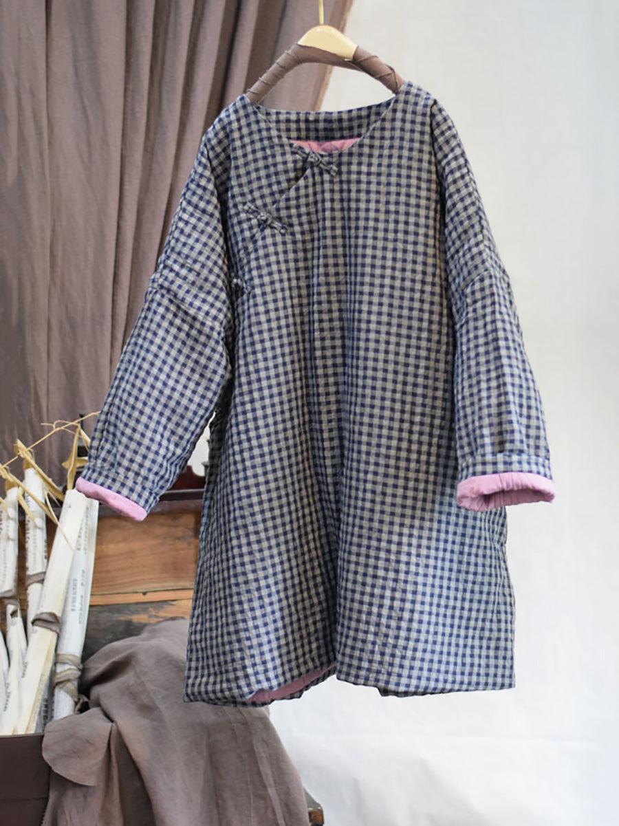 Women Autumn Ethnic Plaid Button O-Neck Linen Padded Coat