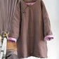 Women Autumn Ethnic Plaid Button O-Neck Linen Padded Coat