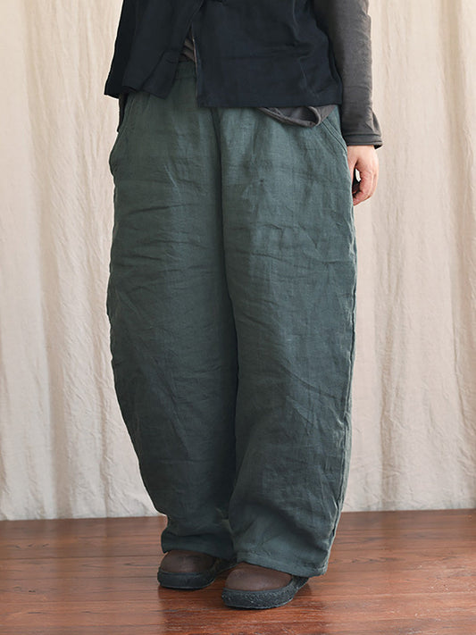 Women Winter Rero Solid Linen Pocket Harem Pants