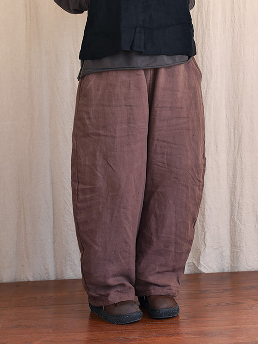 Women Winter Rero Solid Linen Pocket Harem Pants