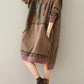 Women Autumn Retro Flower Colorblock Hem Hooded Dress