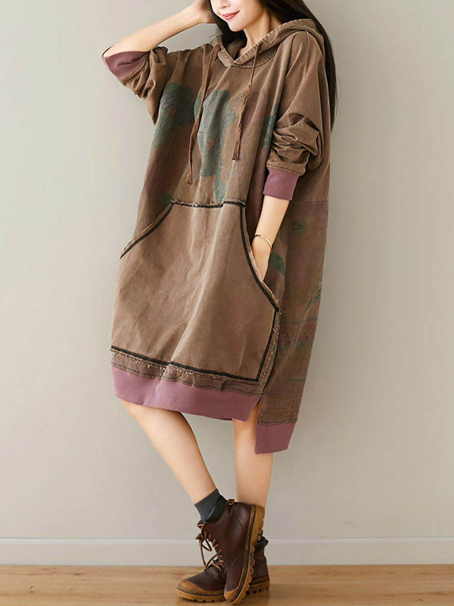 Women Autumn Retro Flower Colorblock Hem Hooded Dress