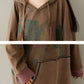 Women Autumn Retro Flower Colorblock Hem Hooded Dress