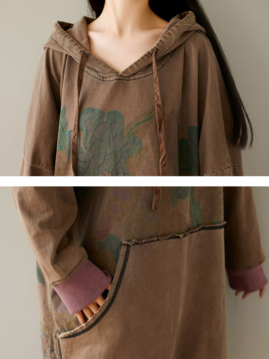 Women Autumn Retro Flower Colorblock Hem Hooded Dress