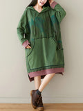 Women Autumn Retro Flower Colorblock Hem Hooded Dress