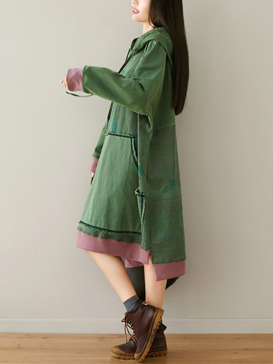 Women Autumn Retro Flower Colorblock Hem Hooded Dress