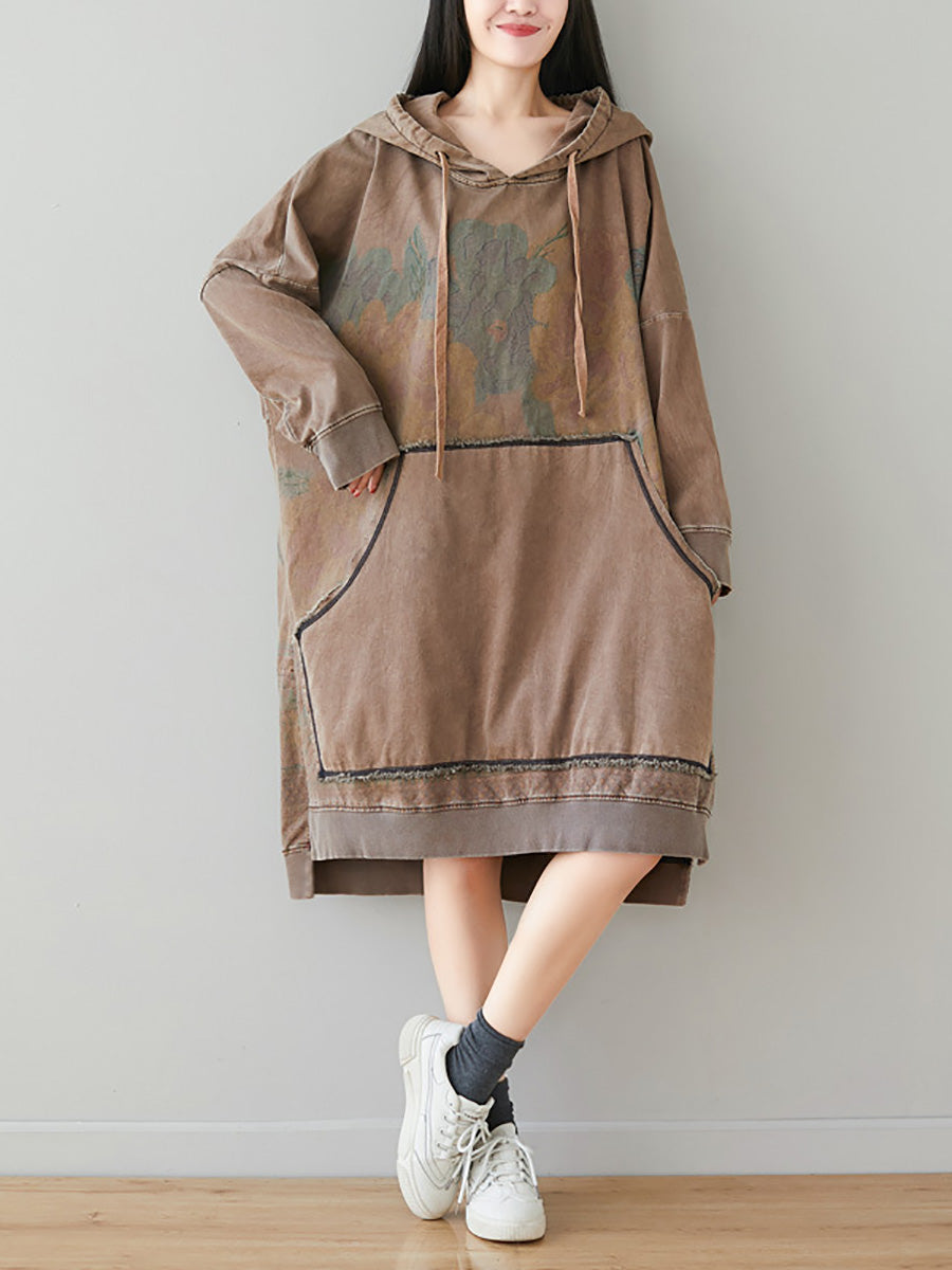 Women Autumn Retro Flower Colorblock Hem Hooded Dress