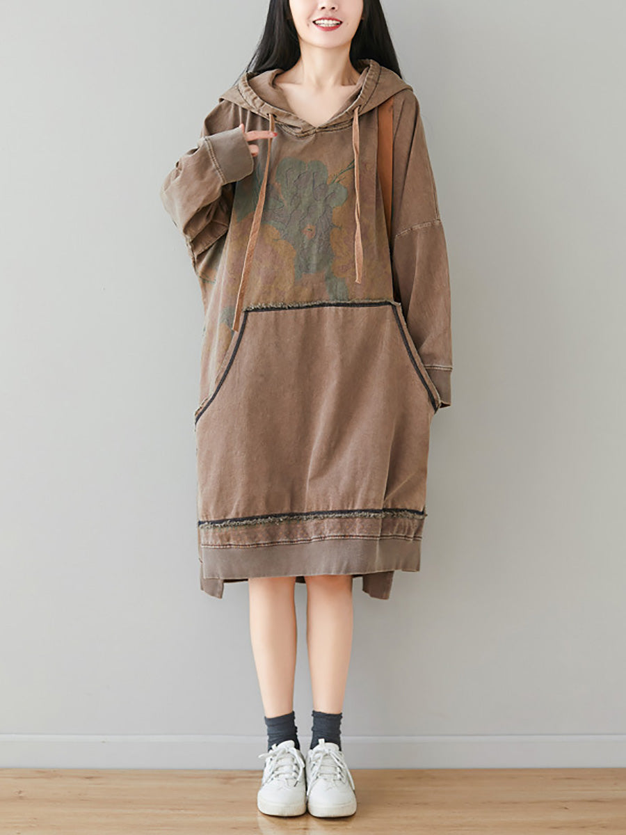 Women Autumn Retro Flower Colorblock Hem Hooded Dress