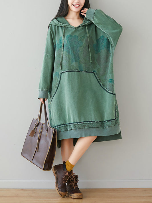 Women Autumn Retro Flower Colorblock Hem Hooded Dress