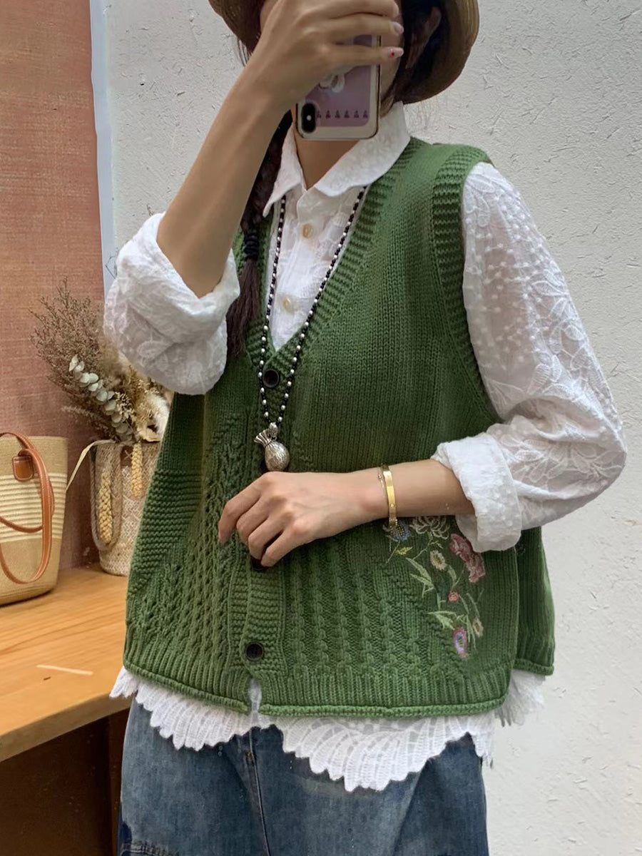 Women Autumn Artsy Flower Embroidery Knit V-Neck Vest