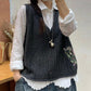 Women Autumn Artsy Flower Embroidery Knit V-Neck Vest