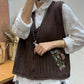 Women Autumn Artsy Flower Embroidery Knit V-Neck Vest