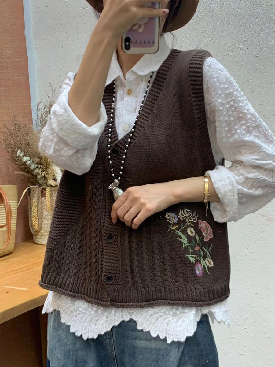 Women Autumn Artsy Flower Embroidery Knit V-Neck Vest