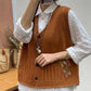 Women Autumn Artsy Flower Embroidery Knit V-Neck Vest