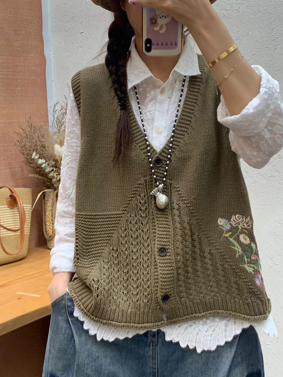 Women Autumn Artsy Flower Embroidery Knit V-Neck Vest