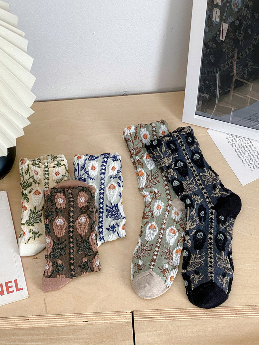 5 Pairs Women Artsy Flower Jacquard Cotton Socks