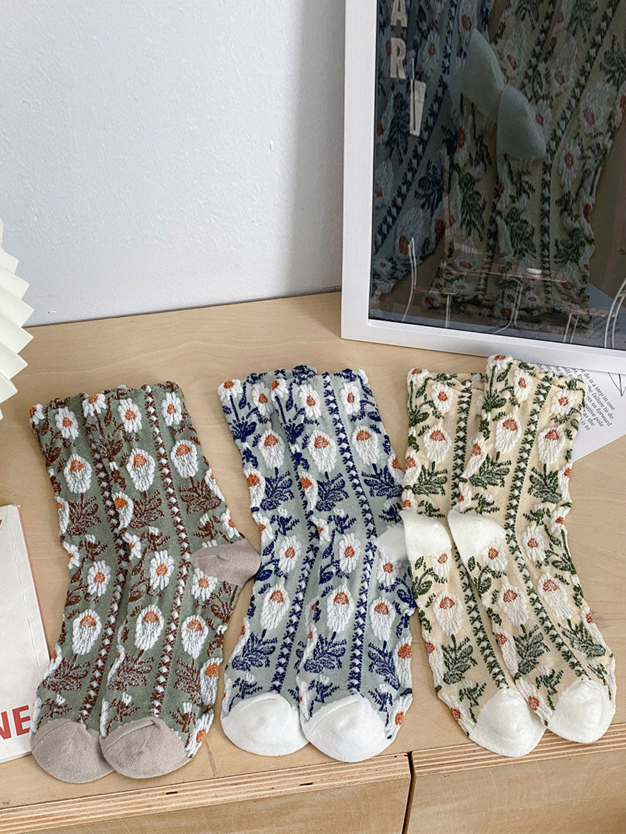 5 Pairs Women Artsy Flower Jacquard Cotton Socks