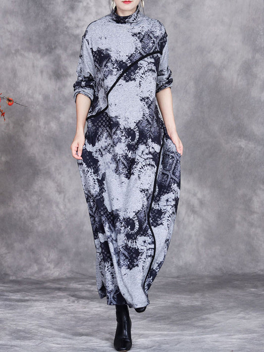 Women Autumn Print Half-Turtleneck Spliced Cashmere Dress