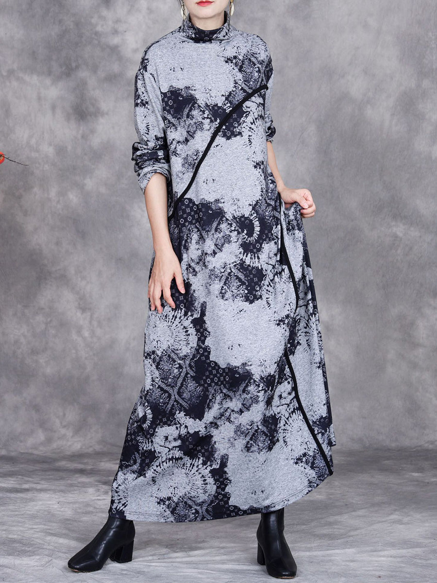 Women Autumn Print Half-Turtleneck Spliced Cashmere Dress