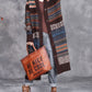 Women Vintage Autumn Stripe Button Wool Cardigan Coat